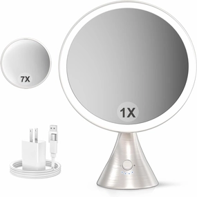 10'Large Lighted Makeup Mirror with 7X Magnification Mirror,3 Colors & 10 Brightness,Magnifying Mirror with Light for Makeup Vanity,5000mAh,Pearl Nickel,Gifts Box (Nickel)