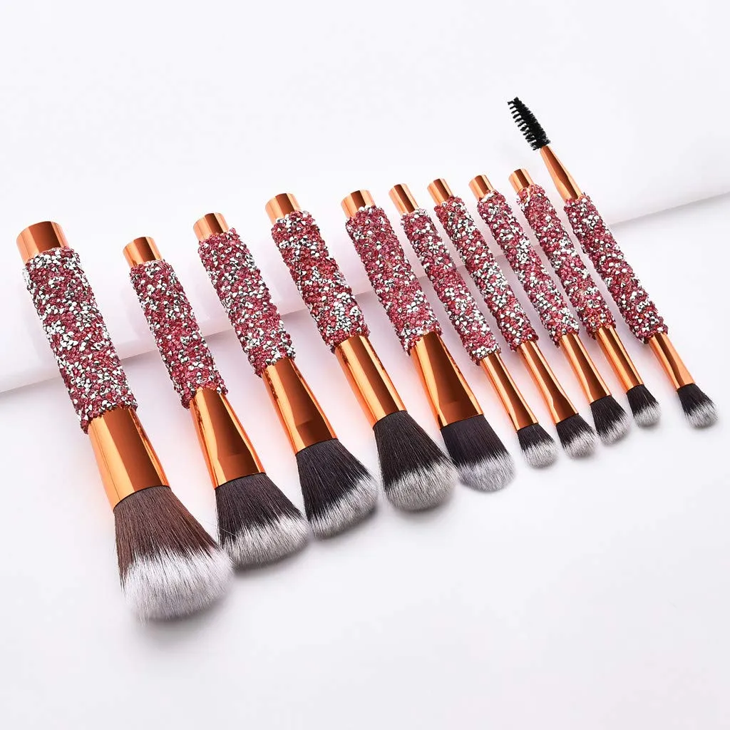 10x Makeup Brushes Set Foundation Powder Eyeshadow Eyeliner Lip Brush Tool Glow in The Dark Lipstick, Gold