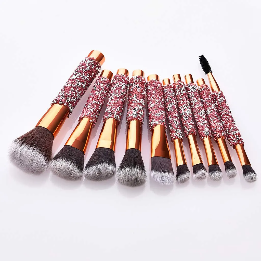 10x Makeup Brushes Set Foundation Powder Eyeshadow Eyeliner Lip Brush Tool Glow in The Dark Lipstick, Gold