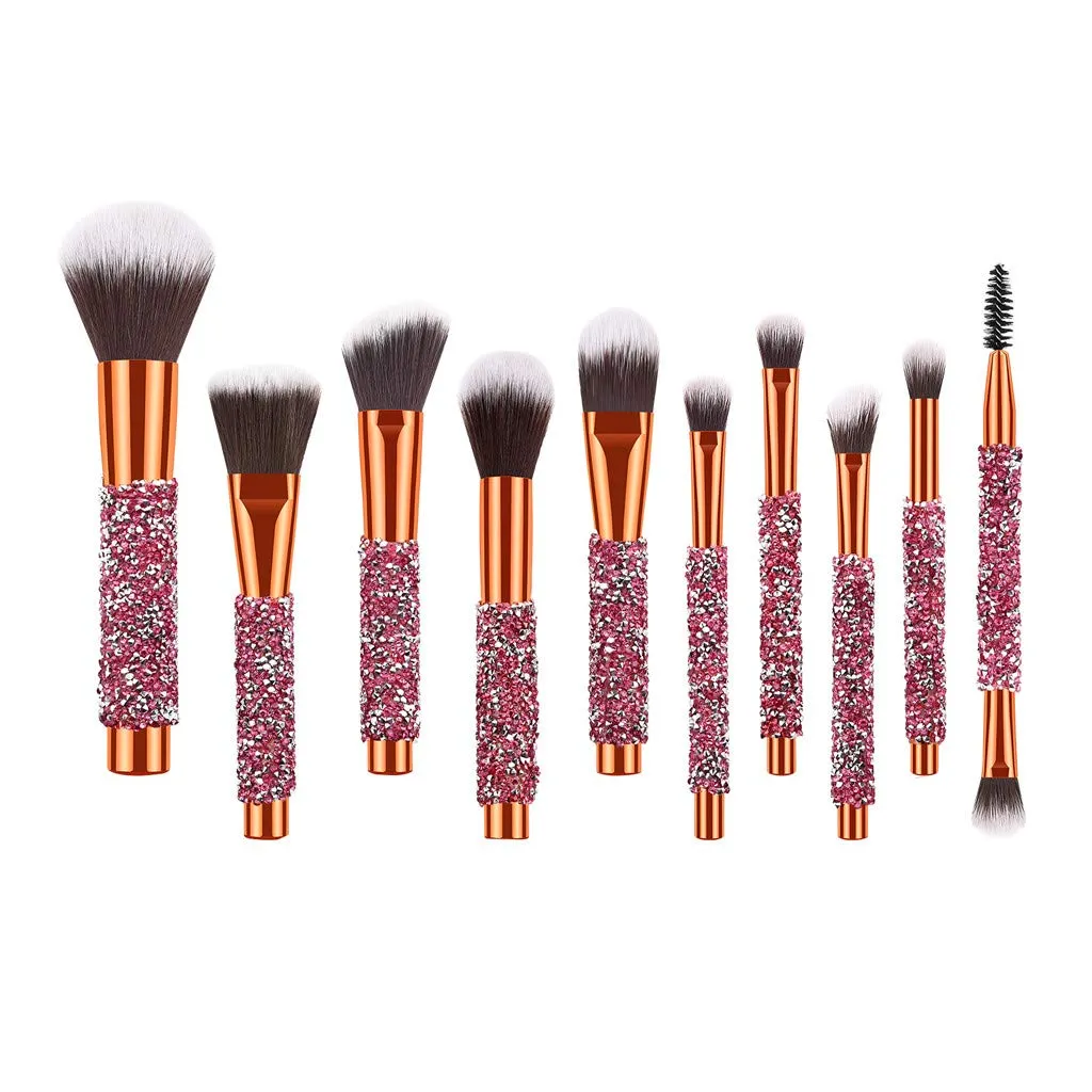 10x Makeup Brushes Set Foundation Powder Eyeshadow Eyeliner Lip Brush Tool Glow in The Dark Lipstick, Gold
