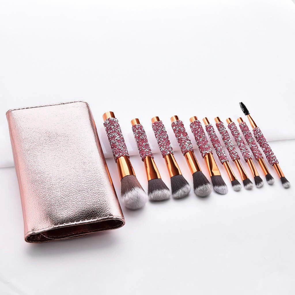 10x Makeup Brushes Set Foundation Powder Eyeshadow Eyeliner Lip Brush Tool Glow in The Dark Lipstick, Gold(One Size,Gold)