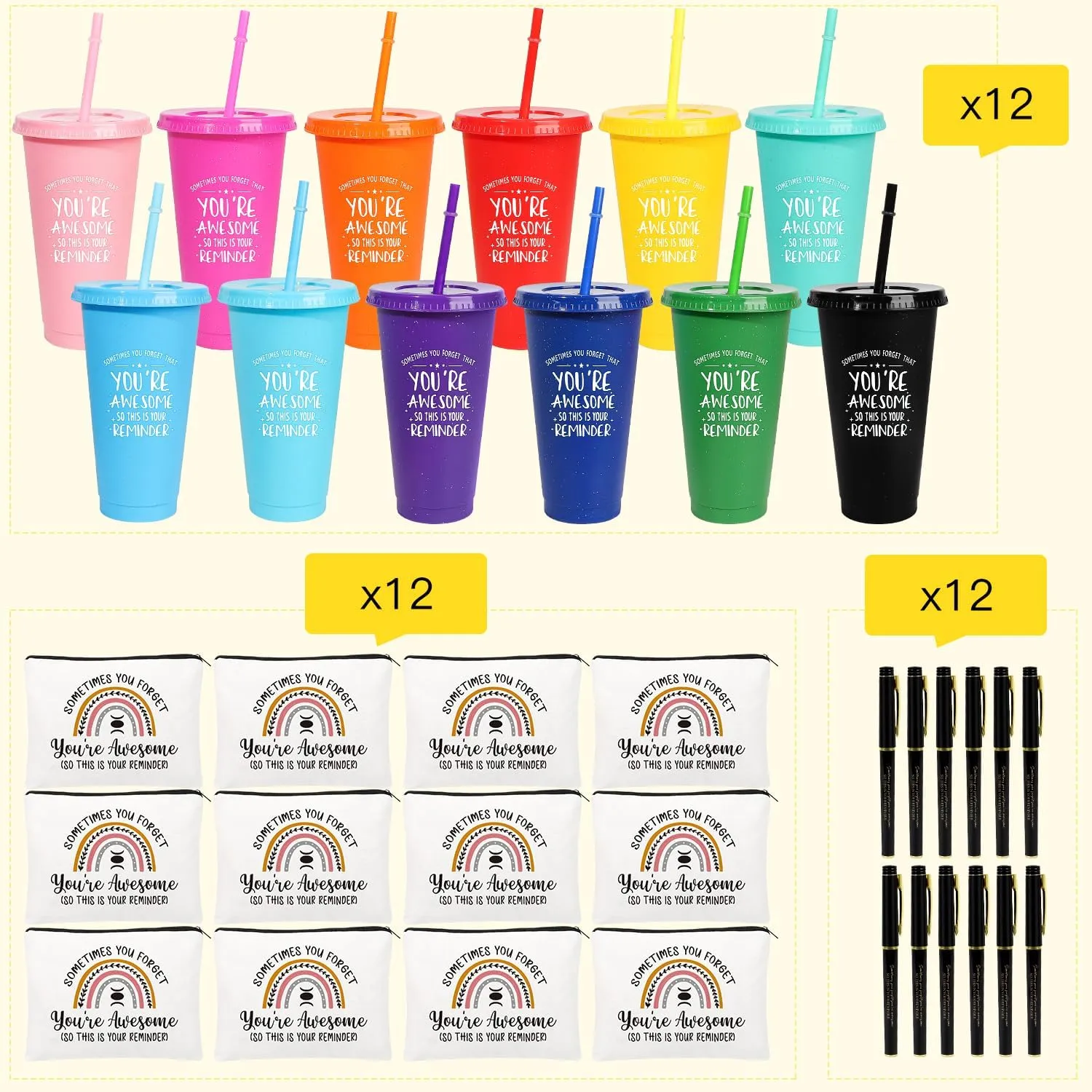 12 Set Employee Appreciation Gifts Thank You Gifts Bulk for Coworkers Teachers Nurses, 24oz Plastic Tumblers Cup Makeup Bags Pen Thank You Gift for Women Men Team Staffs