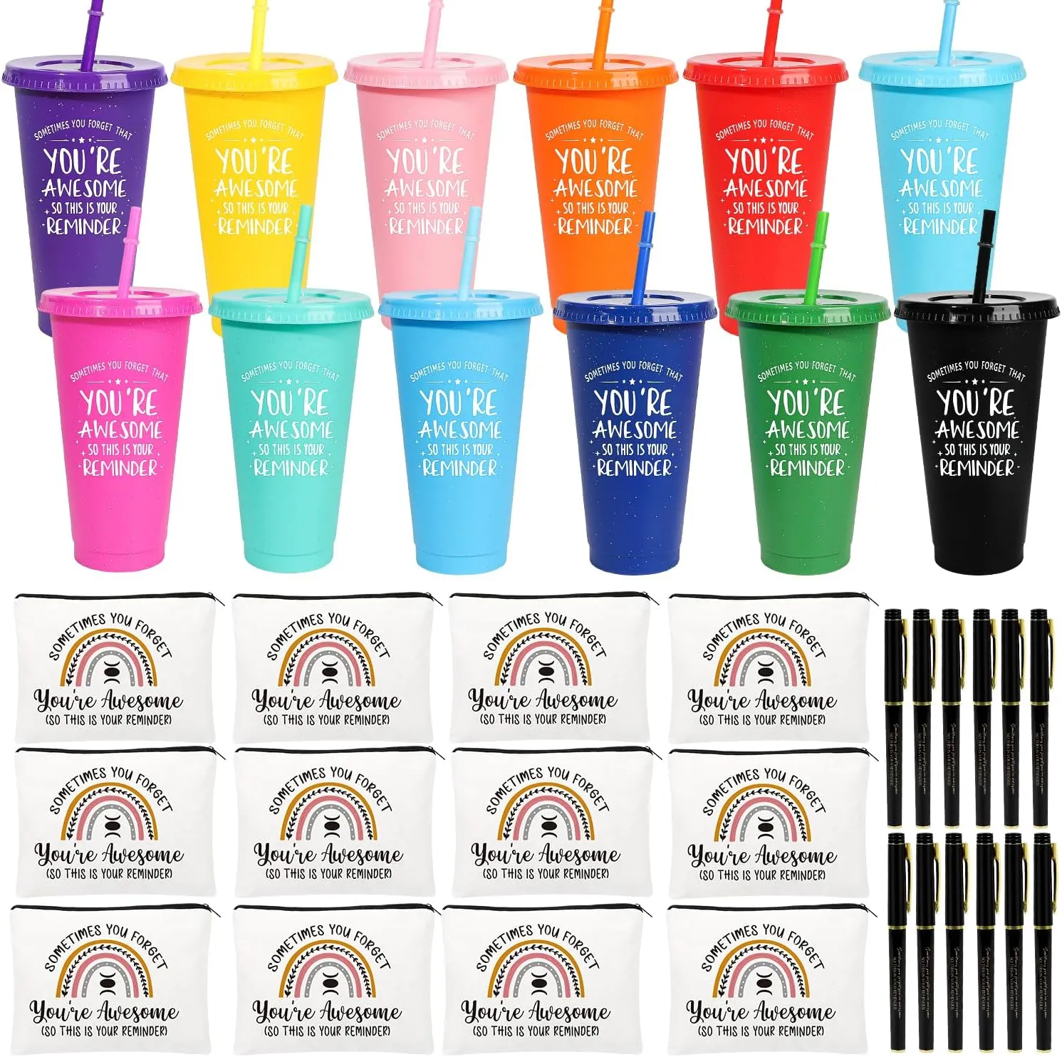 12 Set Employee Appreciation Gifts Thank You Gifts Bulk for Coworkers Teachers Nurses, 24oz Plastic Tumblers Cup Makeup Bags Pen Thank You Gift for Women Men Team Staffs