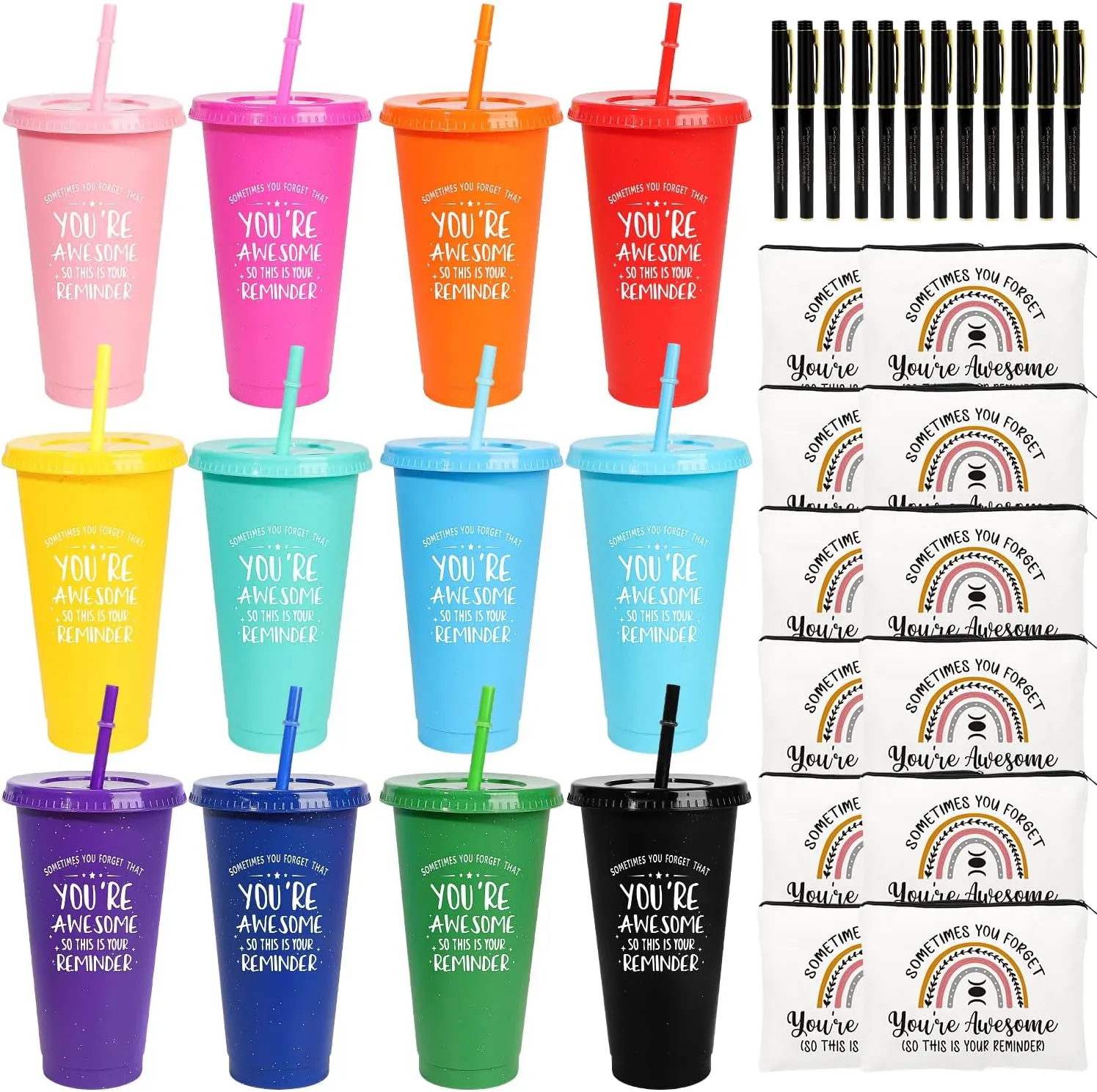 12 Set Employee Appreciation Gifts Thank You Gifts Bulk for Coworkers Teachers Nurses, 24oz Plastic Tumblers Cup Makeup Bags Pen Thank You Gift for Women Men Team Staffs