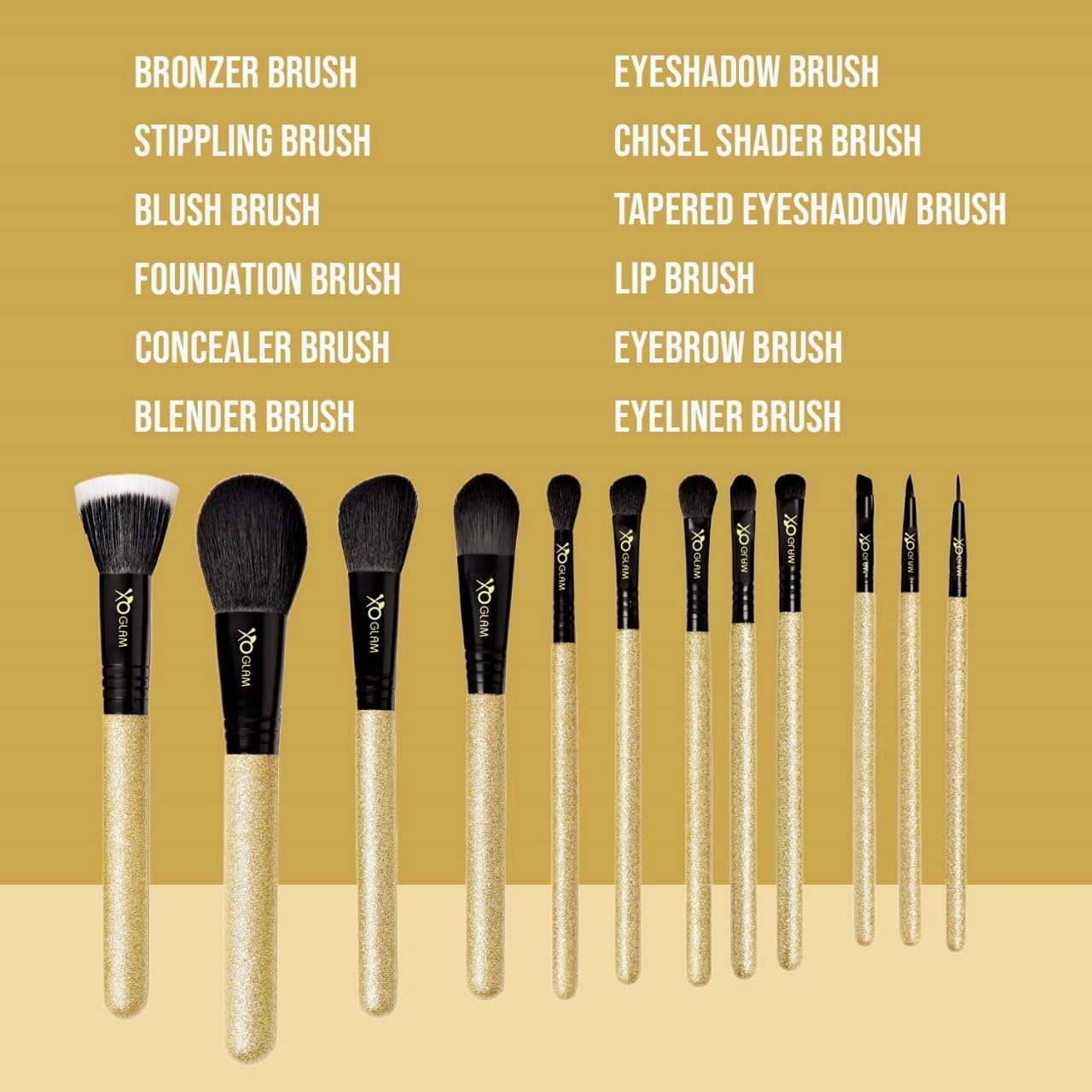 12Pcs Golden Smooches Gold Glitter Makeup Brush Set Premium Synthetic Blending Blush Bronzer Concealer Eyeliner Eyeshadow Stippling Lip Foundation Make Up Brush Kit