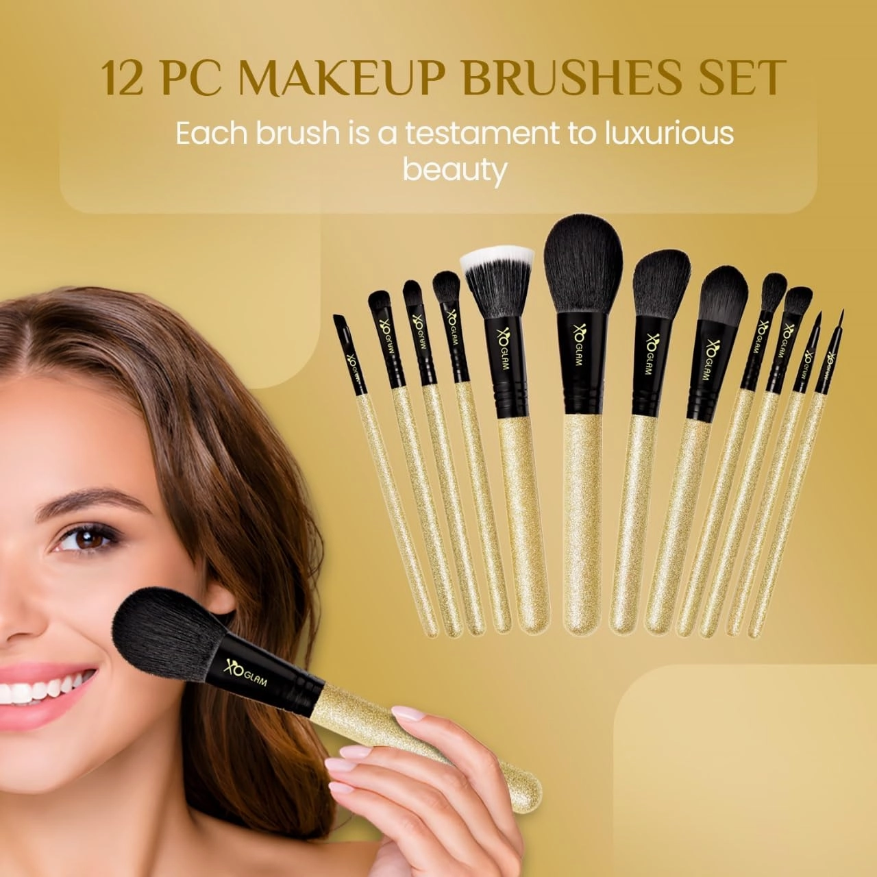 12Pcs Golden Smooches Gold Glitter Makeup Brush Set Premium Synthetic Blending Blush Bronzer Concealer Eyeliner Eyeshadow Stippling Lip Foundation Make Up Brush Kit