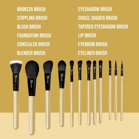 12Pcs Golden Smooches Gold Glitter Makeup Brush Set Premium Synthetic Blending Blush Bronzer Concealer Eyeliner Eyeshadow Stippling Lip Foundation Make Up Brush Kit