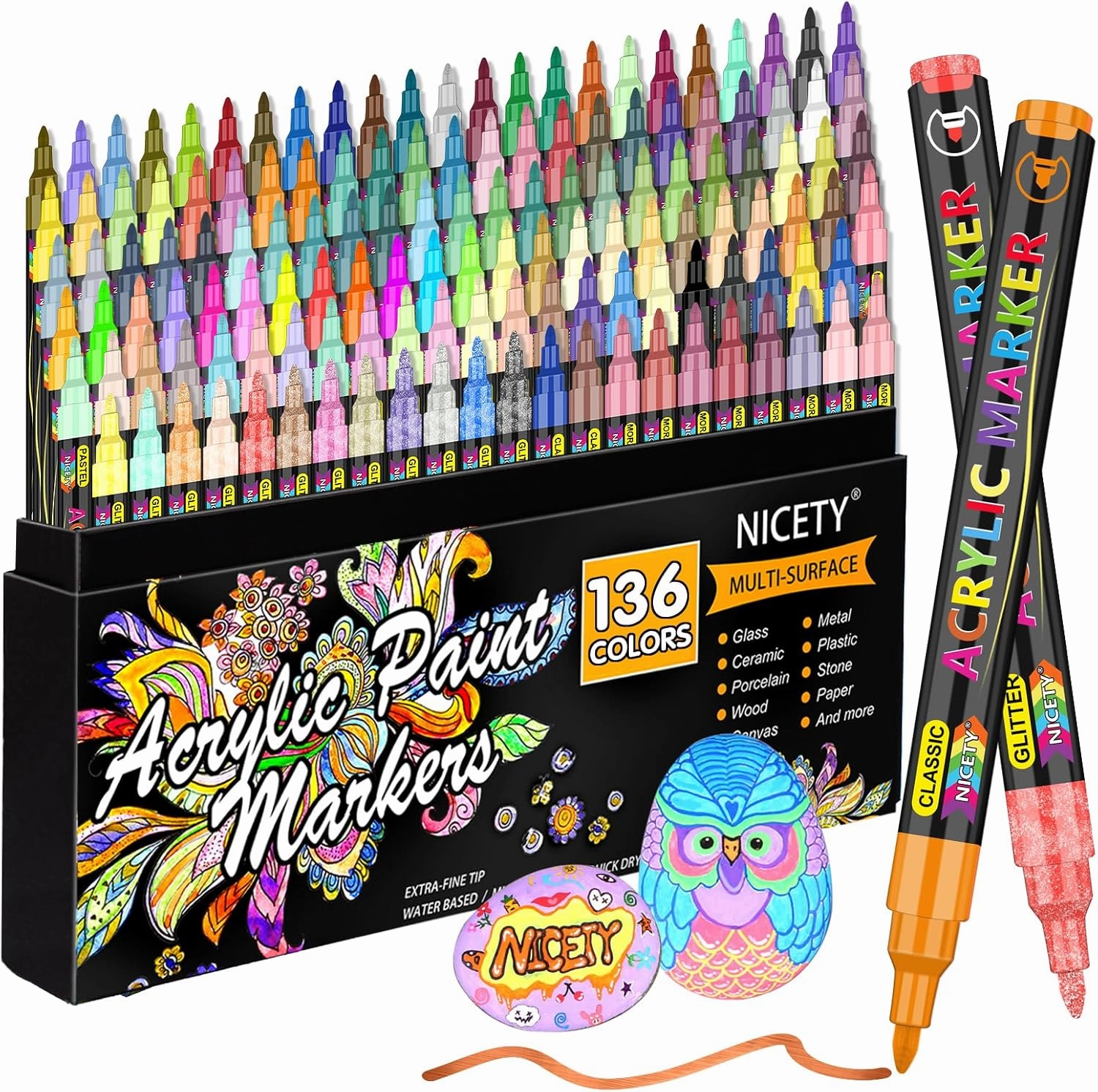 136 Colors Acrylic Paint Markers, Extra Fine Tip Point Acrylic Paint Pens for Rock Painting, Canvas, Wood, Ceramic, Glass, Stone, Fabric, DIY Crafts & Art Supplies