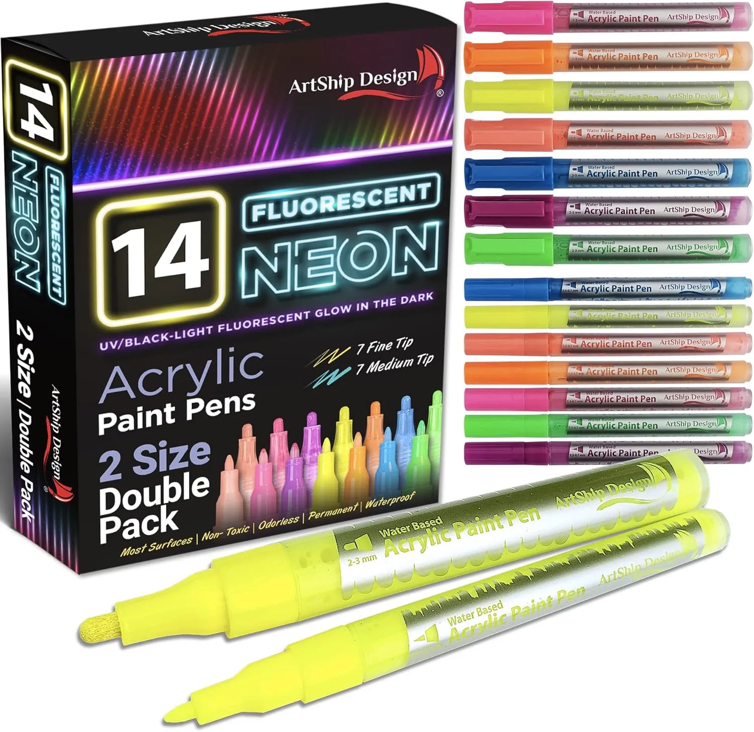 14 Pack Neon UV Fluorescent Acrylic Paint Pens, Double Pack of Both Extra Fine and Medium Tip Paint Markers, for Rock Painting, Mug, Ceramic, Glass, and More, Water Based Non-Toxic and No Odor