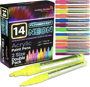 14 Pack Neon UV Fluorescent Acrylic Paint Pens, Double Pack of Both Extra Fine and Medium Tip Paint Markers, for Rock Painting, Mug, Ceramic, Glass, and More, Water Based Non-Toxic and No Odor