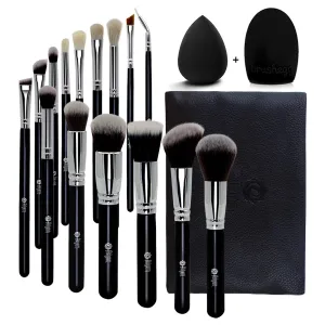 15pcs Makeup Brush Set Make up Brushes Soft and Dense Vegan Bristles Powder Foundation Eyeliner Eyebrow Blush Eyeshadow Blending Brush Kit with Case and Makeup Sponge Brush Cleaner