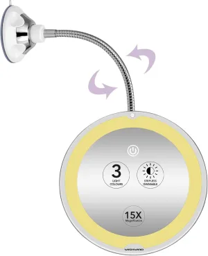 15X Magnifying Flexible Gooseneck Lighted Makeup Mirror,8 INCH LED Vanity Mirror with Light,Touch Senser 3 Colors and Stepless Dimming,Suction Cup Or Portable Traveling Mirror with Lights