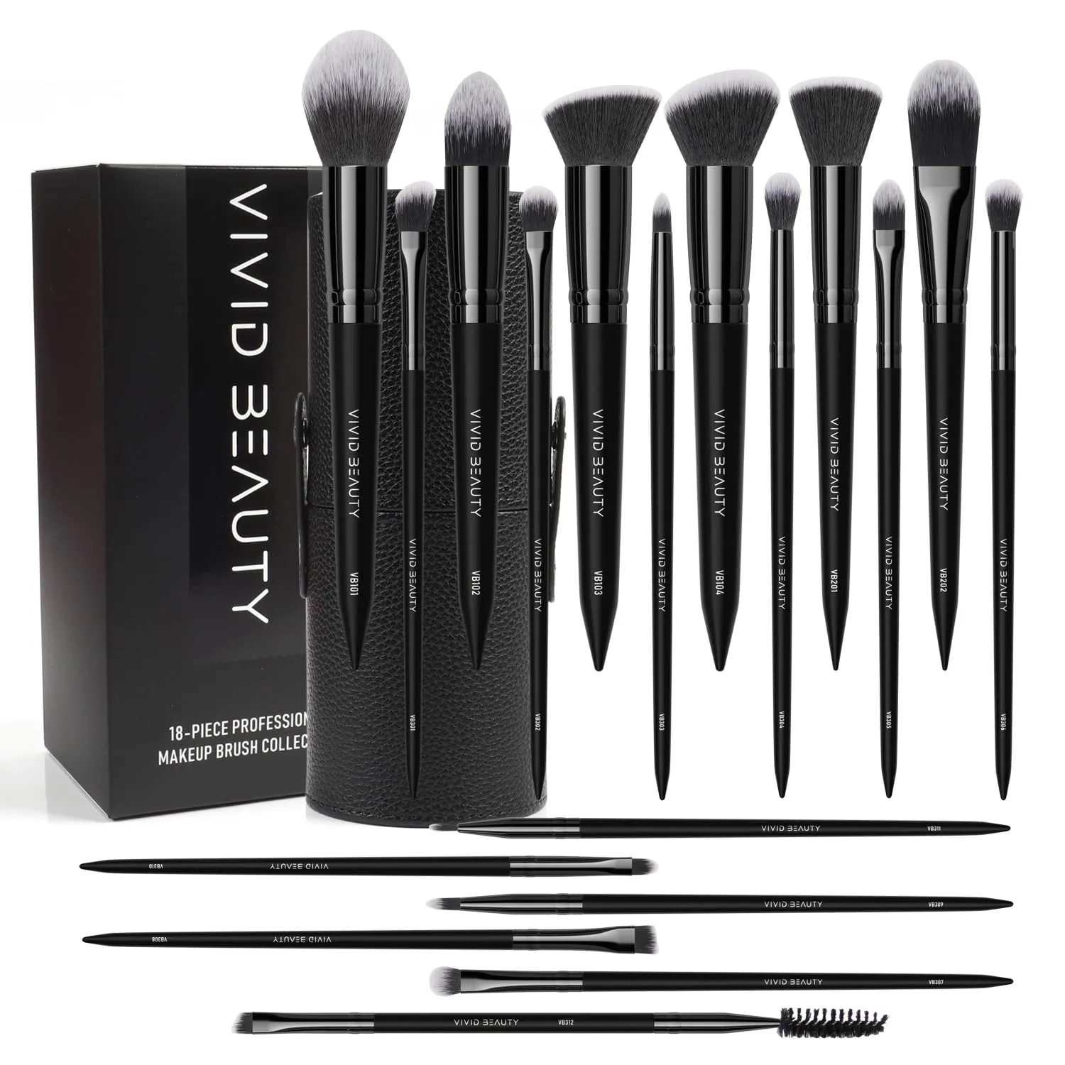 18pcs Makeup Brush Set with Case Dense Synthetic Fiber Premium Metal Ferrule Wood Handle Brushes Includes Powder Foundation Blush Eyeshadow Kit Professional Make up Tools for Women(Black)