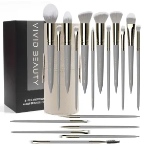 18pcs Makeup Brush Set with Case Dense Synthetic Fiber Premium Metal Ferrule Wood Handle Brushes Includes Powder Foundation Blush Eyeshadow Kit Professional Make up Tools for Women(Grey)