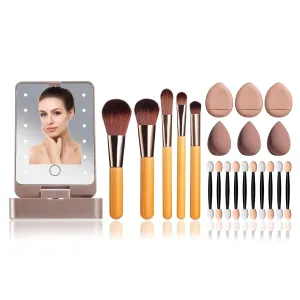 21 PCS Travel LED Makeup Mirror Set with 5 Bamboo Brushes,3 Powder Puffs,3 Beauty Blenders & 10 Double-Ended Sponge Eyeshadow Applicators - Portable Kit for Flawless Foundation,Contour & Eyeshadow