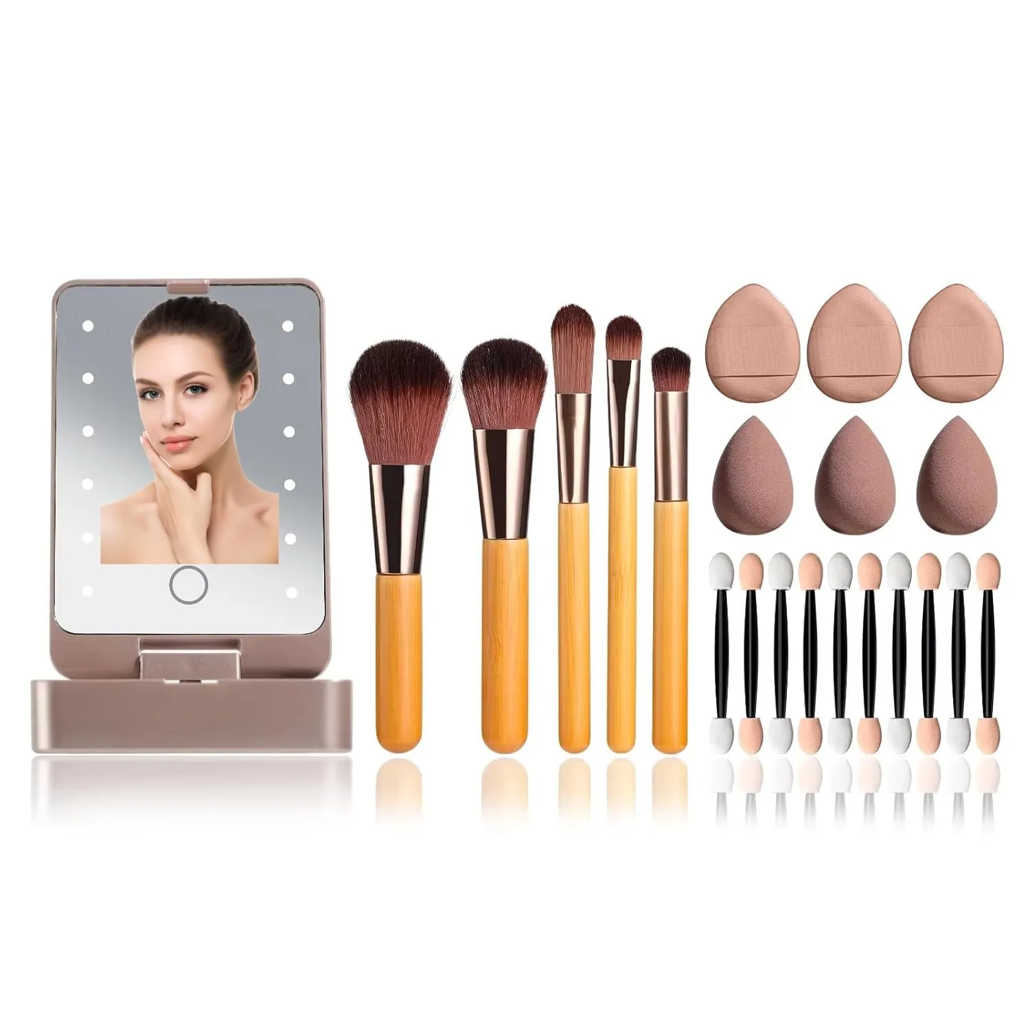 21 PCS Travel LED Makeup Mirror Set with 5 Bamboo Brushes,3 Powder Puffs,3 Beauty Blenders & 10 Double-Ended Sponge Eyeshadow Applicators - Portable Kit for Flawless Foundation,Contour & Eyeshadow