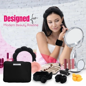 23-Piece All-in-One Makeup & Skincare Gift Set - Black Cosmetic Bag, LED Makeup Mirror, 10 Brush Set, Hair & Spa Accessories - Perfect Teen Gifts, Christmas & Holiday Presents (Black Makeup Set)