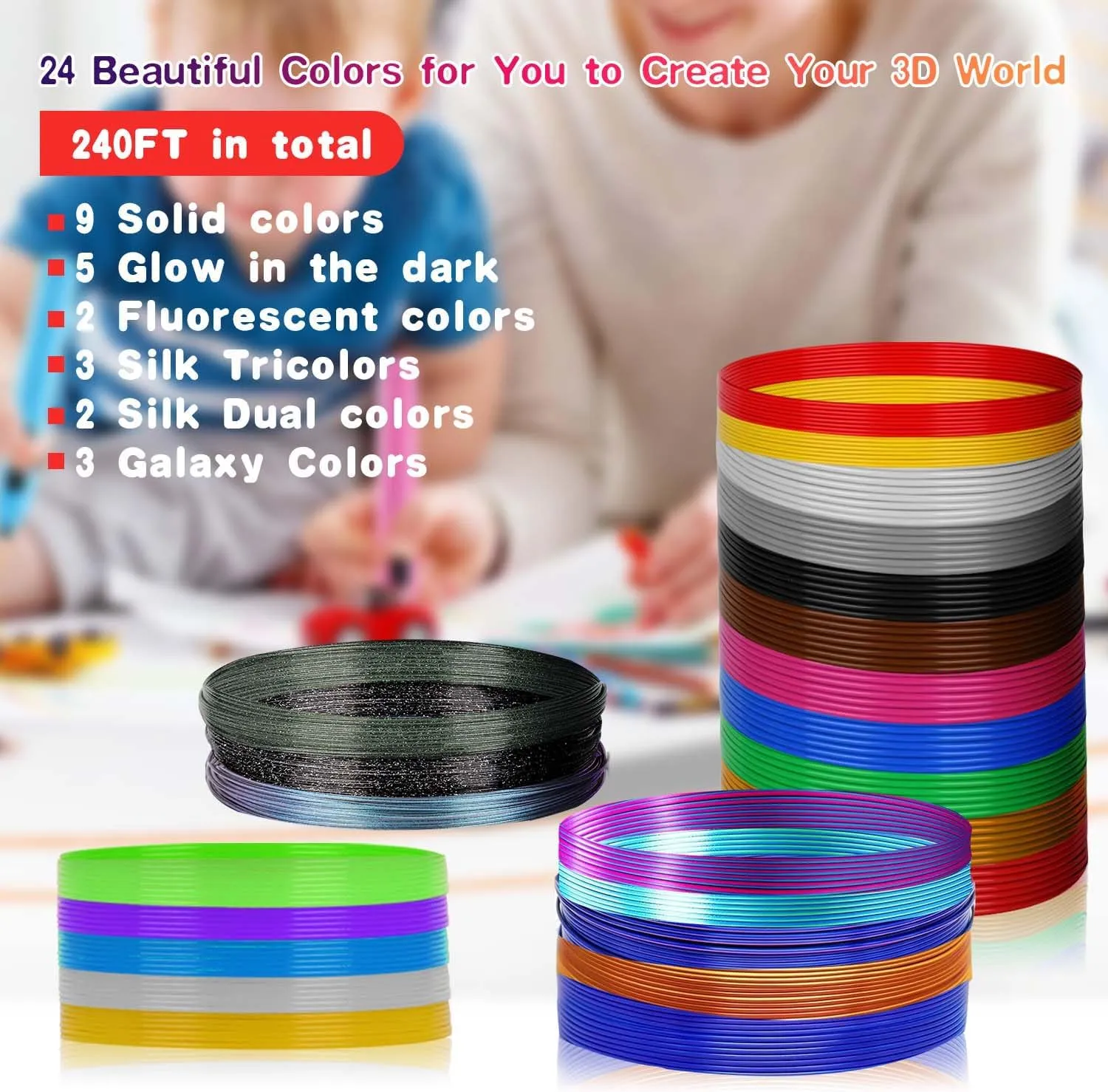24 Colors 3D Pen PLA Filament Refill 1.75mm PLA Filament Pack, Each Color 3Meters, Total 72Meters 3D Pen/3D Printer PLA Sample Pack, Compatible with MYNT3D / SCRIB3D Printing Pen
