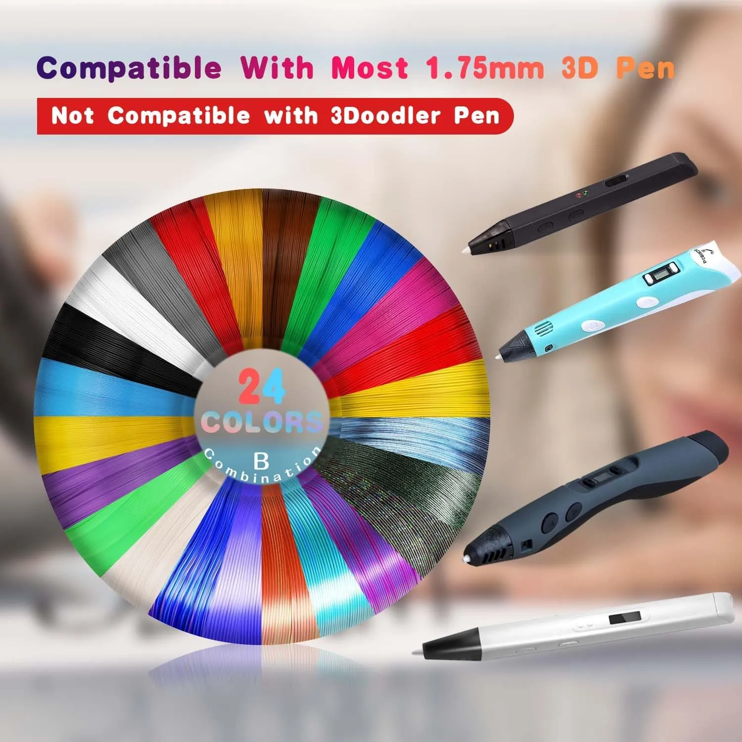 24 Colors 3D Pen PLA Filament Refill 1.75mm PLA Filament Pack, Each Color 3Meters, Total 72Meters 3D Pen/3D Printer PLA Sample Pack, Compatible with MYNT3D / SCRIB3D Printing Pen