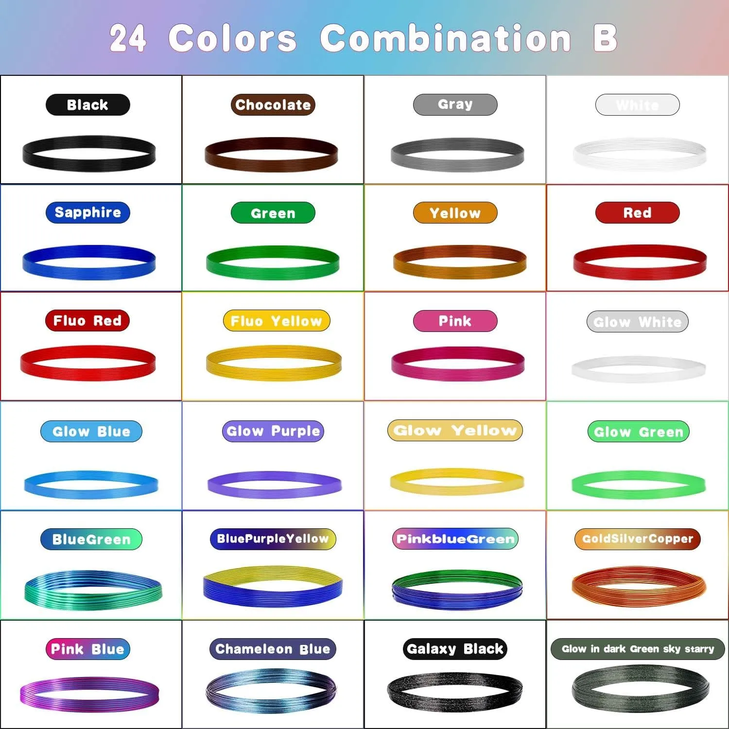 24 Colors 3D Pen PLA Filament Refill 1.75mm PLA Filament Pack, Each Color 3Meters, Total 72Meters 3D Pen/3D Printer PLA Sample Pack, Compatible with MYNT3D / SCRIB3D Printing Pen