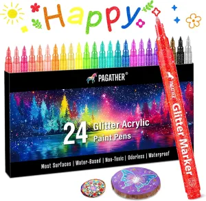 24 Colors Glitter Markers, 0.7mm Extra Fine Tip Sparkling Acrylic Paint Pens for Crafts, Adult Coloring, and DIY Projects on Paper, Rock, Wood, Glass and Fabric