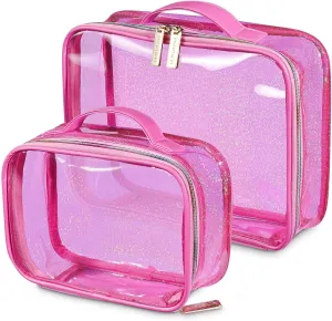 2pcs Makeup Toiletry Bags Opens Flat Makeup Bag Sequin Cosmetic Bag Set Travel Makeup Train Cases Portable Lightweight Transparent Cosmetic Storage Organizer (Bright Pink Glitter Bag)