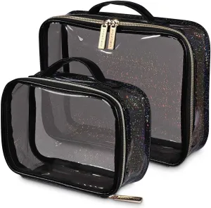 2pcs Makeup Toiletry Bags Opens Flat Makeup Bag Sequin Cosmetic Bag Set Travel Makeup Train Cases Portable Lightweight Transparent Cosmetic Storage Organizer (Clear Black Glitter Bag)