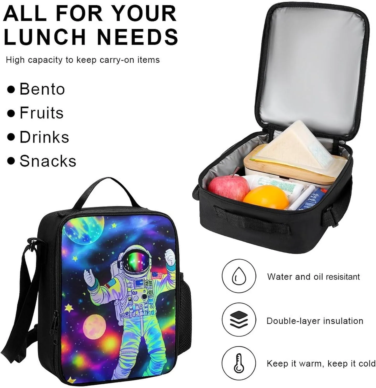 3 Piece Daypack Big Capacity Shoulder Bag Backpack for Outdoors Bicycle - Astronaut Glow In The Dark Starry Sky Art, Travel Hiking Daypack Lunch Bag and Pencil Bag