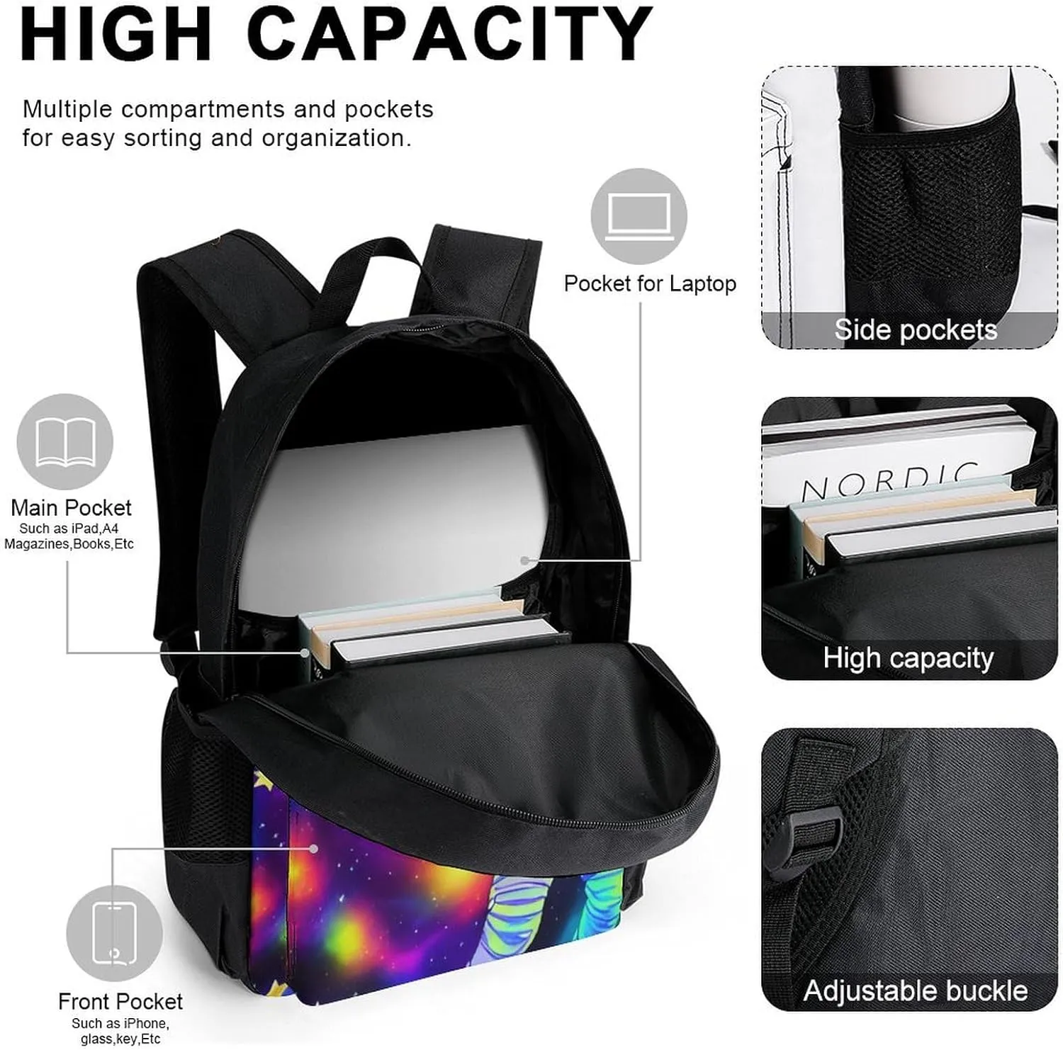 3 Piece Daypack Big Capacity Shoulder Bag Backpack for Outdoors Bicycle - Astronaut Glow In The Dark Starry Sky Art, Travel Hiking Daypack Lunch Bag and Pencil Bag