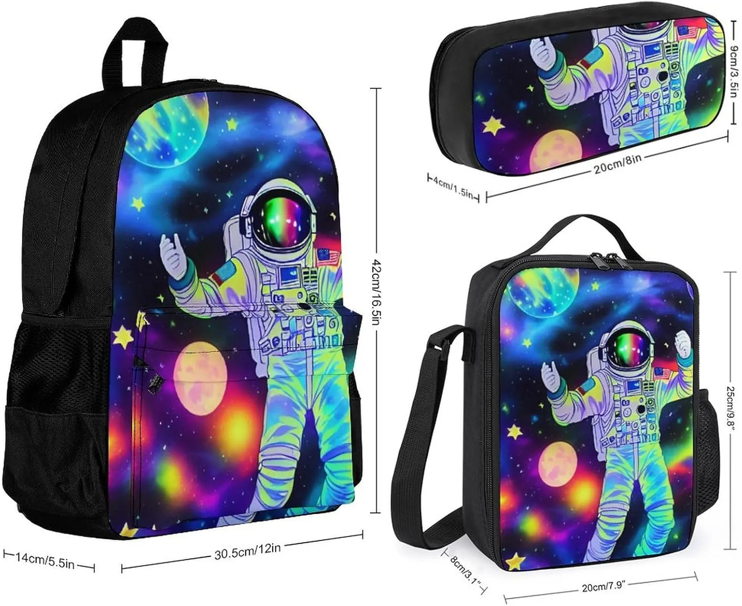 3 Piece Daypack Big Capacity Shoulder Bag Backpack for Outdoors Bicycle - Astronaut Glow In The Dark Starry Sky Art, Travel Hiking Daypack Lunch Bag and Pencil Bag