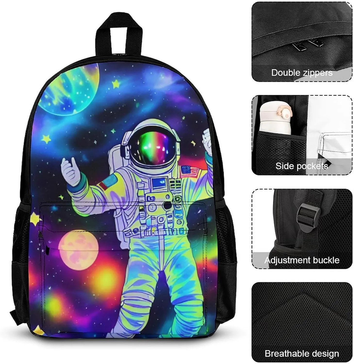 3 Piece Daypack Big Capacity Shoulder Bag Backpack for Outdoors Bicycle - Astronaut Glow In The Dark Starry Sky Art, Travel Hiking Daypack Lunch Bag and Pencil Bag