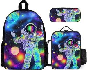 3 Piece Daypack Big Capacity Shoulder Bag Backpack for Outdoors Bicycle - Astronaut Glow In The Dark Starry Sky Art, Travel Hiking Daypack Lunch Bag and Pencil Bag