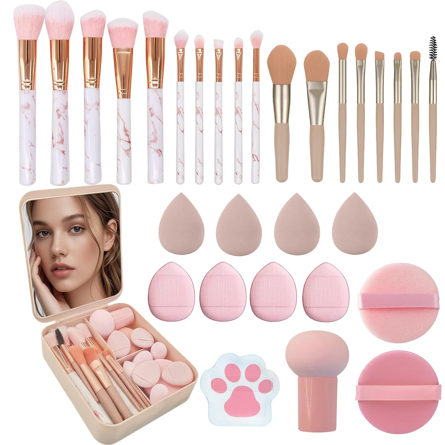 30 Pcs Makeup Brush Set with 12 Pcs Blending Sponge & Mirror - Premium Synthetic Kabuki Foundation Powder Concealer Eyeshadow Blush Brushes Kit - Cosmetic Tools (Pink 30 Pcs Set)
