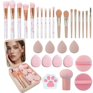 30 Pcs Makeup Brush Set with 12 Pcs Blending Sponge & Mirror - Premium Synthetic Kabuki Foundation Powder Concealer Eyeshadow Blush Brushes Kit - Cosmetic Tools (Pink 30 Pcs Set)