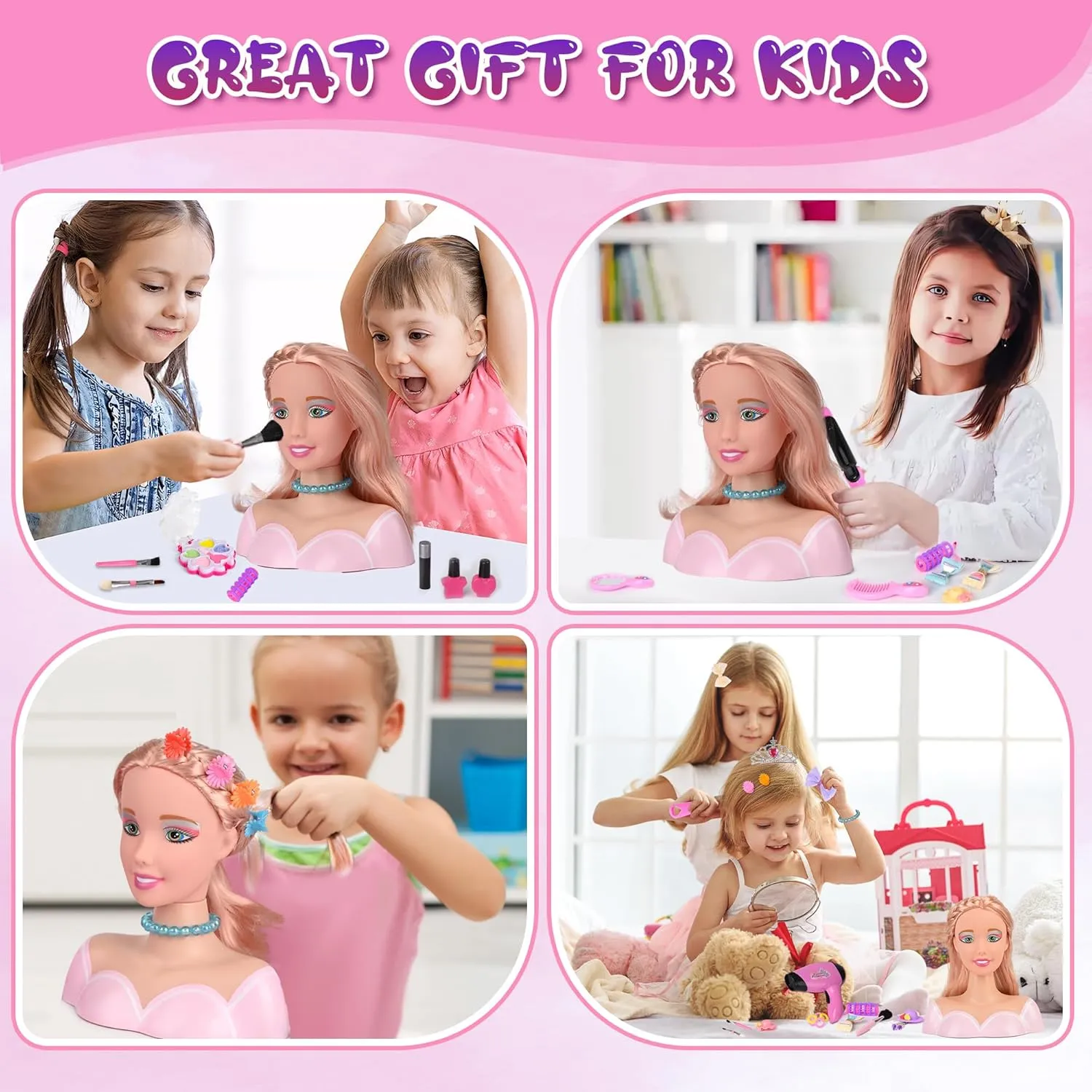 36PCS Doll Head Hair Styling Makeup Toy Set Kids Pretend Play Styling Set with Hairdryer Curling Iron Crown Accessories Beauty Stylist Kit Gifts for 3 4 5 6  Years Old