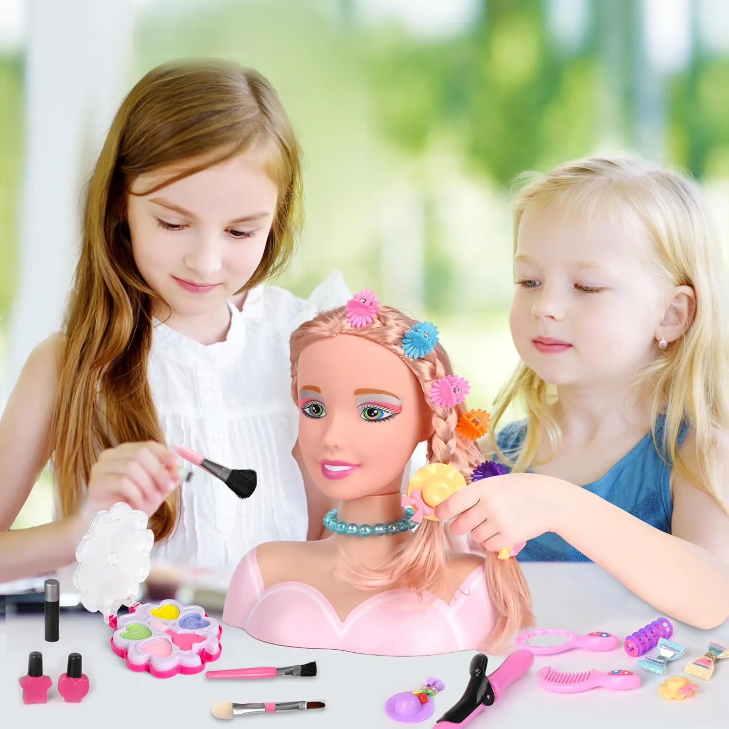 36PCS Doll Head Hair Styling Makeup Toy Set Kids Pretend Play Styling Set with Hairdryer Curling Iron Crown Accessories Beauty Stylist Kit Gifts for 3 4 5 6  Years Old