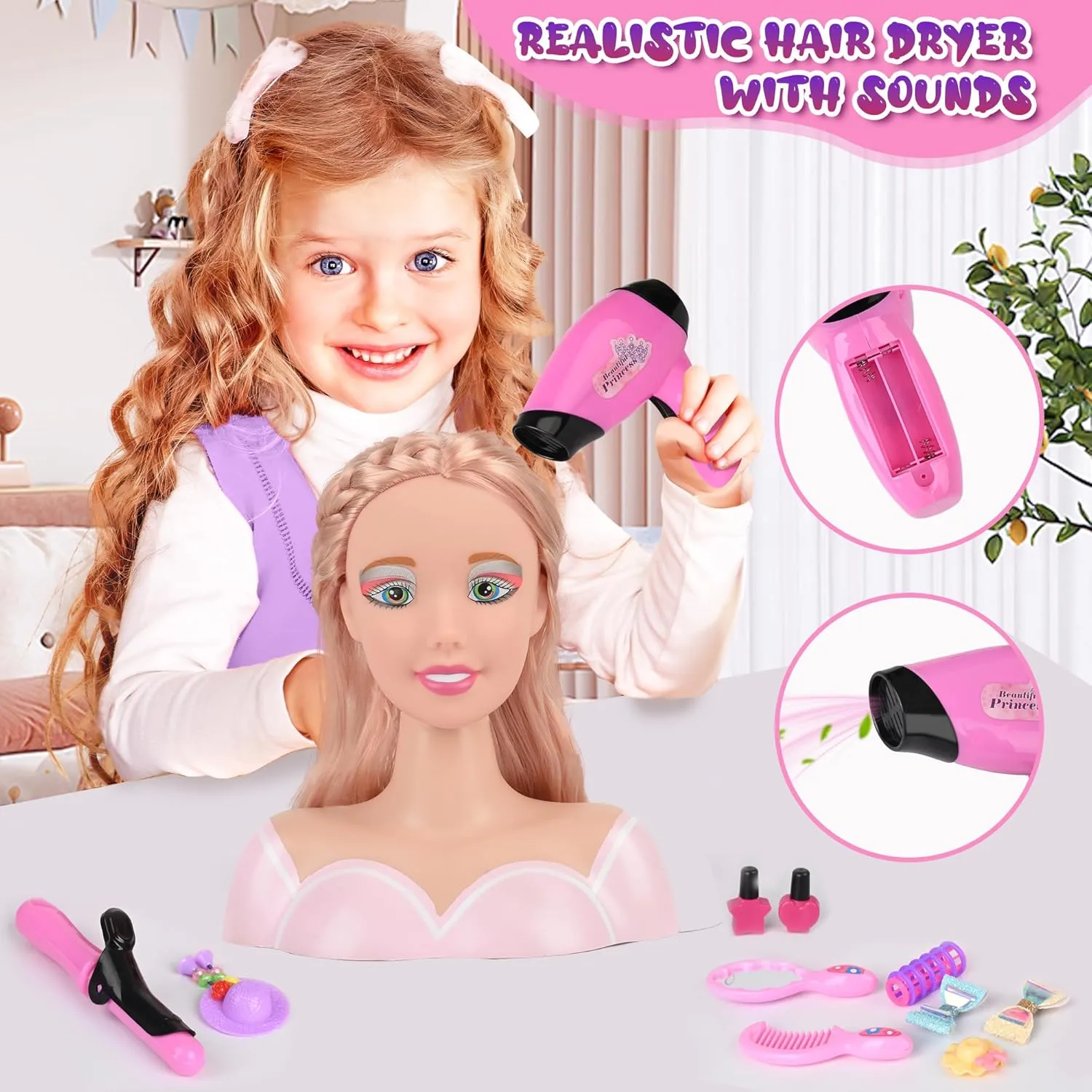 36PCS Doll Head Hair Styling Makeup Toy Set Kids Pretend Play Styling Set with Hairdryer Curling Iron Crown Accessories Beauty Stylist Kit Gifts for 3 4 5 6  Years Old