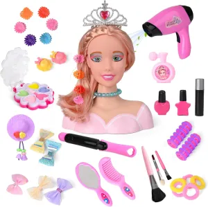 36PCS Doll Head Hair Styling Makeup Toy Set Kids Pretend Play Styling Set with Hairdryer Curling Iron Crown Accessories Beauty Stylist Kit Gifts for 3 4 5 6  Years Old