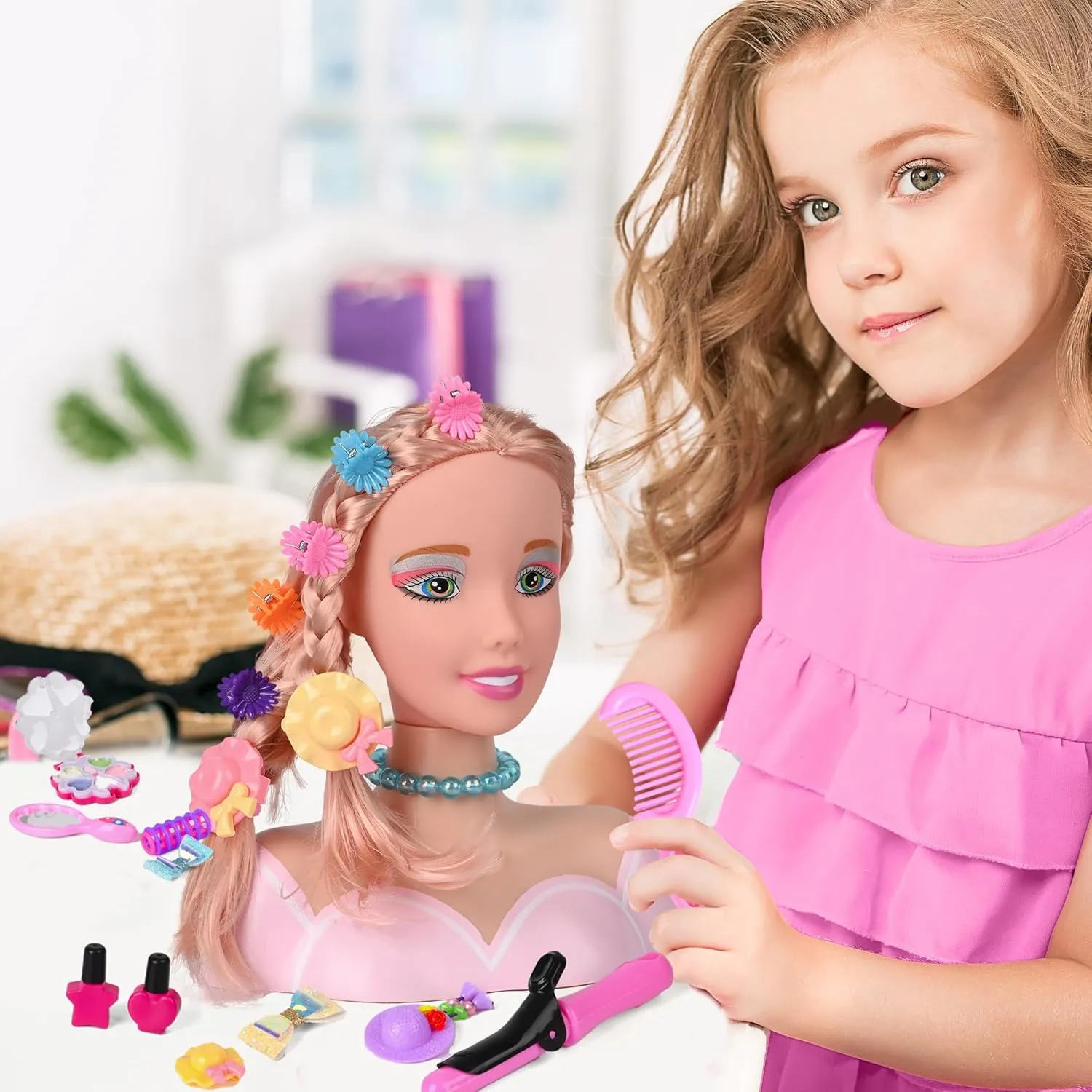 36PCS Doll Head Hair Styling Makeup Toy Set Kids Pretend Play Styling Set with Hairdryer Curling Iron Crown Accessories Beauty Stylist Kit Gifts for 3 4 5 6  Years Old