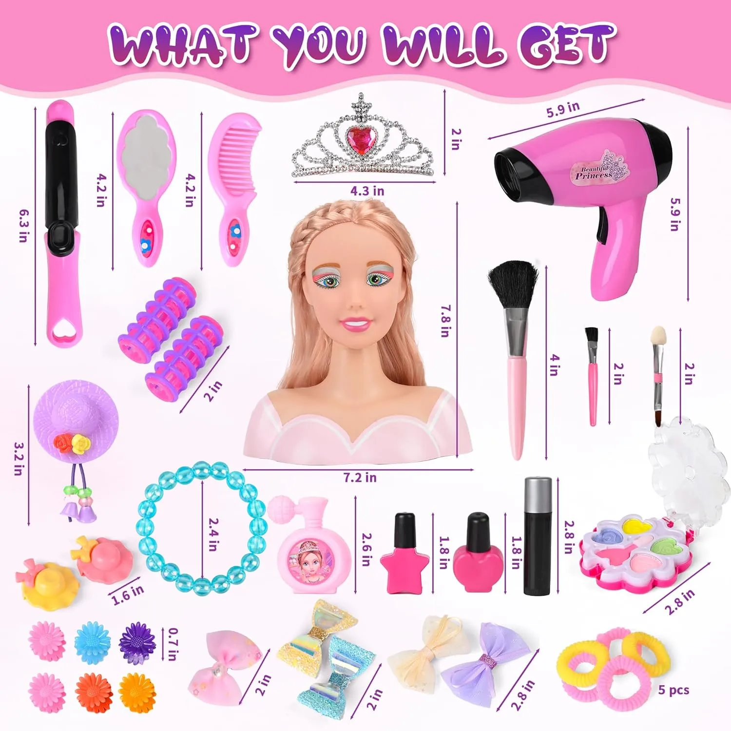 36PCS Doll Head Hair Styling Makeup Toy Set Kids Pretend Play Styling Set with Hairdryer Curling Iron Crown Accessories Beauty Stylist Kit Gifts for 3 4 5 6  Years Old