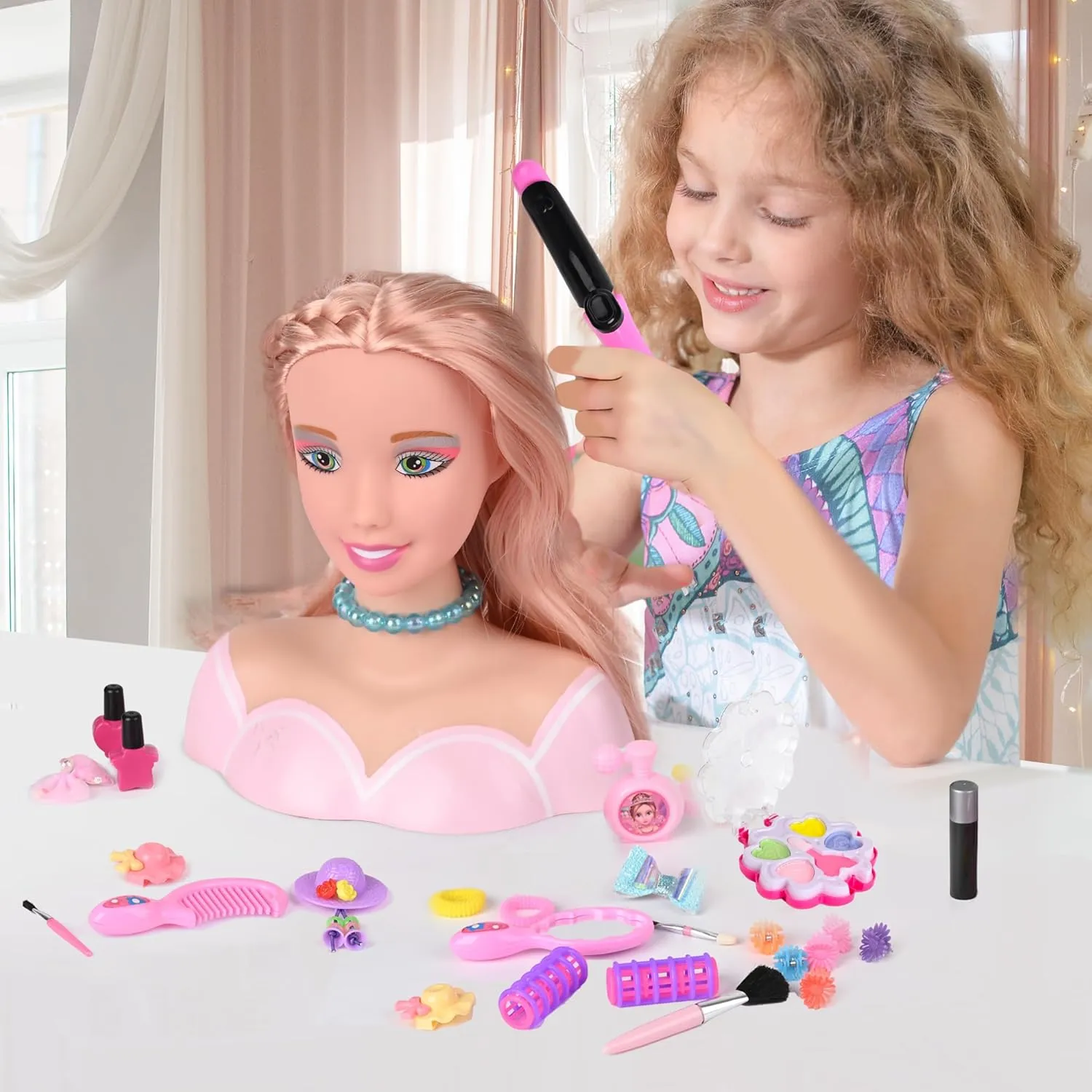 36PCS Doll Head Hair Styling Makeup Toy Set Kids Pretend Play Styling Set with Hairdryer Curling Iron Crown Accessories Beauty Stylist Kit Gifts for 3 4 5 6  Years Old