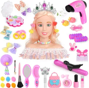 39PCS Hair Styling Doll Head Makeup Kit for Girls,Pretend Play Hair Styling Set,with Hairdryer Curling Iron Crown Hairpins Accessories Kit Birthday Gifts for 3 4 5 6  Years Old Toy
