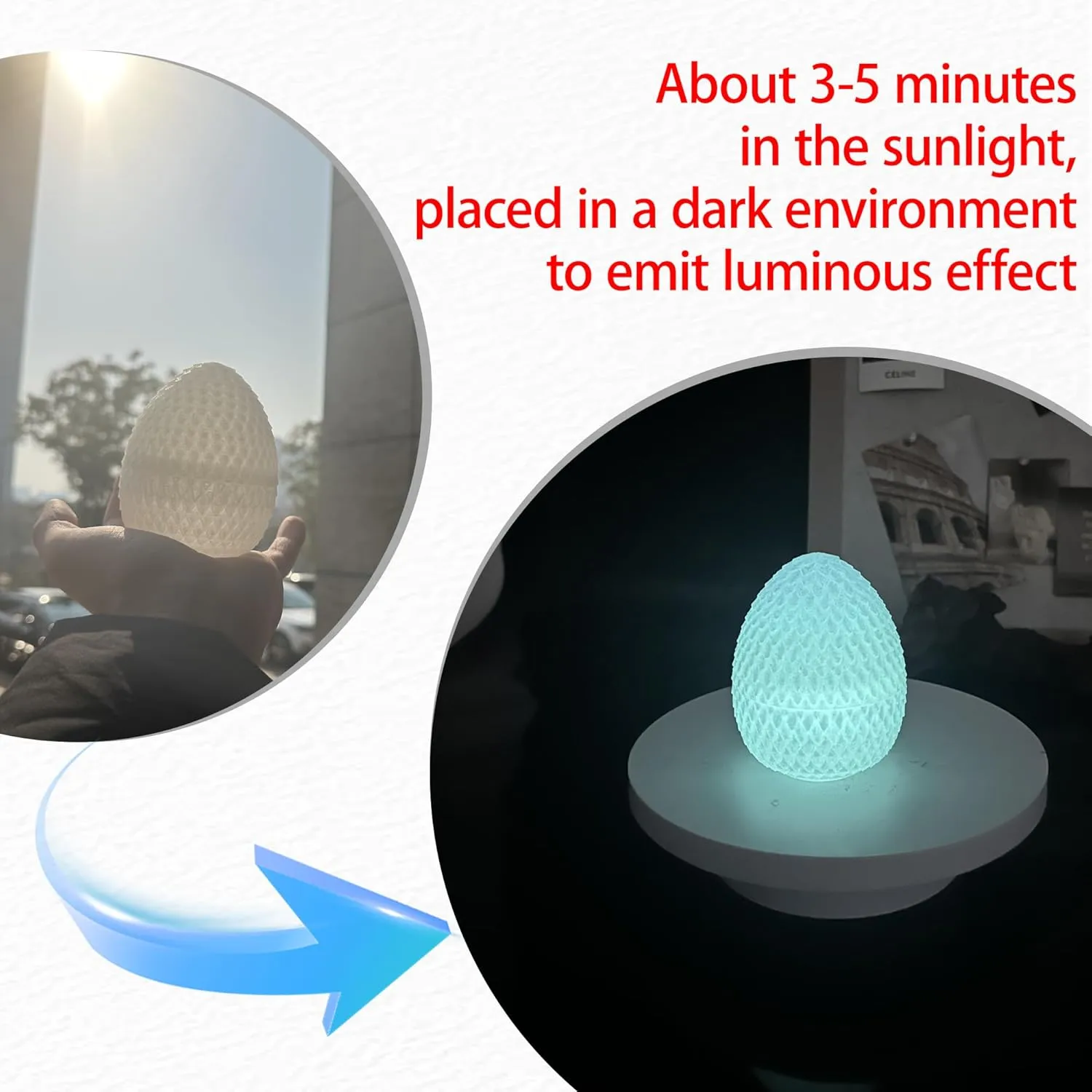 3D Printed Flying Dragon Egg - Winged Dragon in Diamond Eggs, Flexible Crystal Animal Inside, Mystery 3D Gift, Desk Decoration, Fidget Toy (Glow in The Dark Blue)