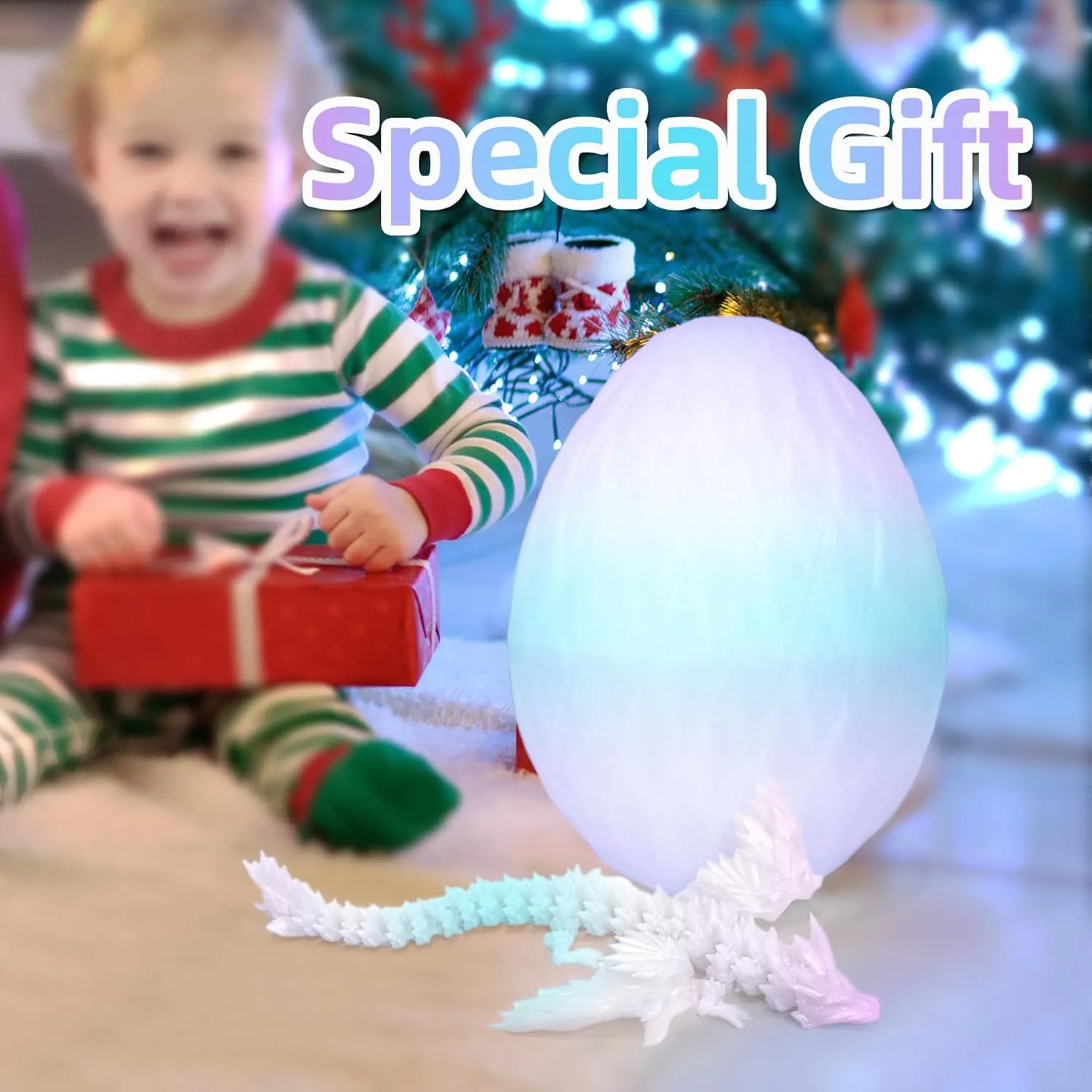 3D Printed Flying Dragon Egg - Winged Dragon in Diamond Eggs, Flexible Crystal Animal Inside, Mystery 3D Gift, Desk Decoration, Fidget Toy (Glow in The Dark Blue)