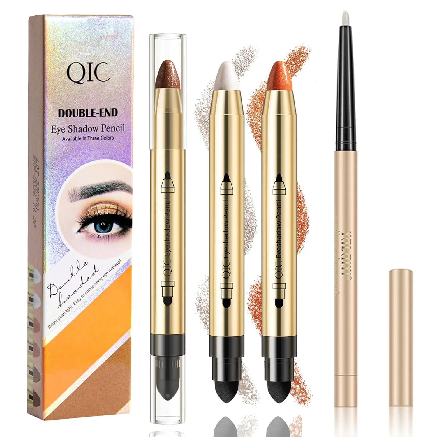 4 in 1 Glitter Eyeshadow Stick Set,Double Head Eyeshadow Pencil &3D Shaping Duo Lying Silkworm Gel Eyeliner,Long Lasting Waterproof Makeup Stick with Soft Brush,Luminous & Metallic Eye Makeup