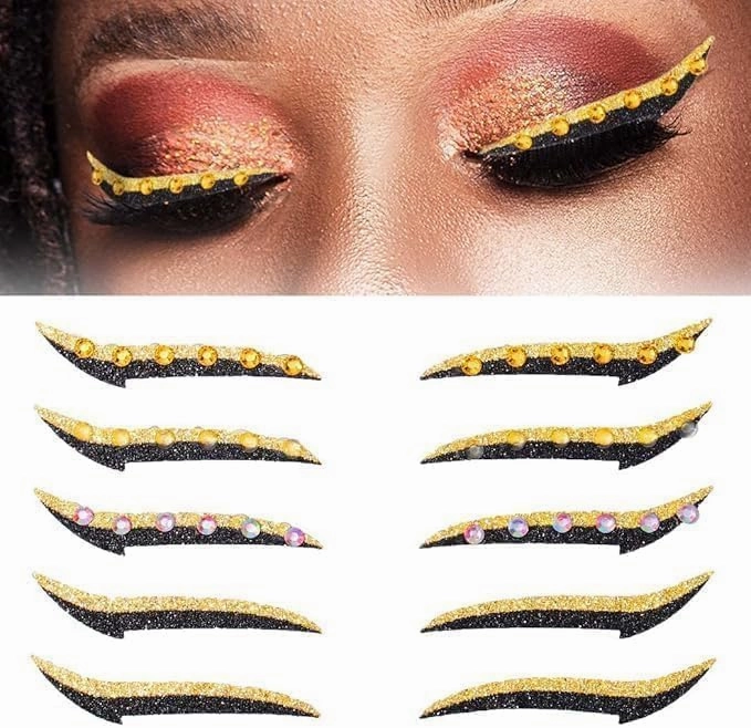 5 Pairs Glitter Eyeliner Stickers with Rhinestones Adhesive Eye Line Strip Reusable Eyeshadow Stickers,Eyeliner Sticker (Gold)