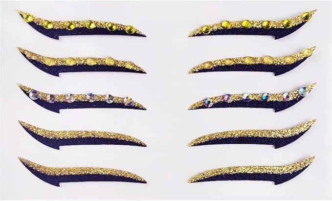5 Pairs Glitter Eyeliner Stickers with Rhinestones Adhesive Eye Line Strip Reusable Eyeshadow Stickers,Eyeliner Sticker (Gold)