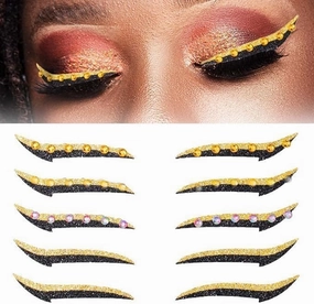 5 Pairs Glitter Eyeliner Stickers with Rhinestones Adhesive Eye Line Strip Reusable Eyeshadow Stickers,Eyeliner Sticker (Gold)