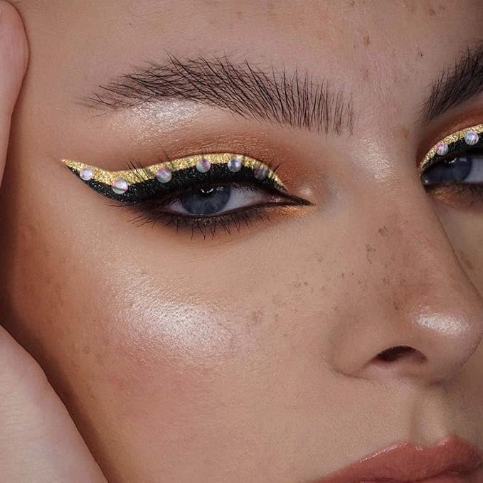 5 Pairs Glitter Eyeliner Stickers with Rhinestones Adhesive Eye Line Strip Reusable Eyeshadow Stickers,Eyeliner Sticker (Gold)