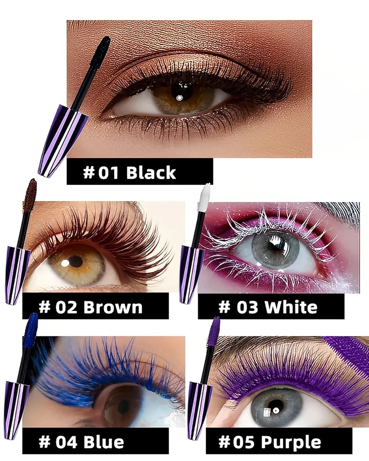 5D Waterproof Colored Mascara Volume and Length,5 Color Black Brown White Blue Purple Fiber Mascara for eyelashes, Longlasting Curling rimel de pestañas,Women's Day Eye Makeup Gift Set for Women Girl